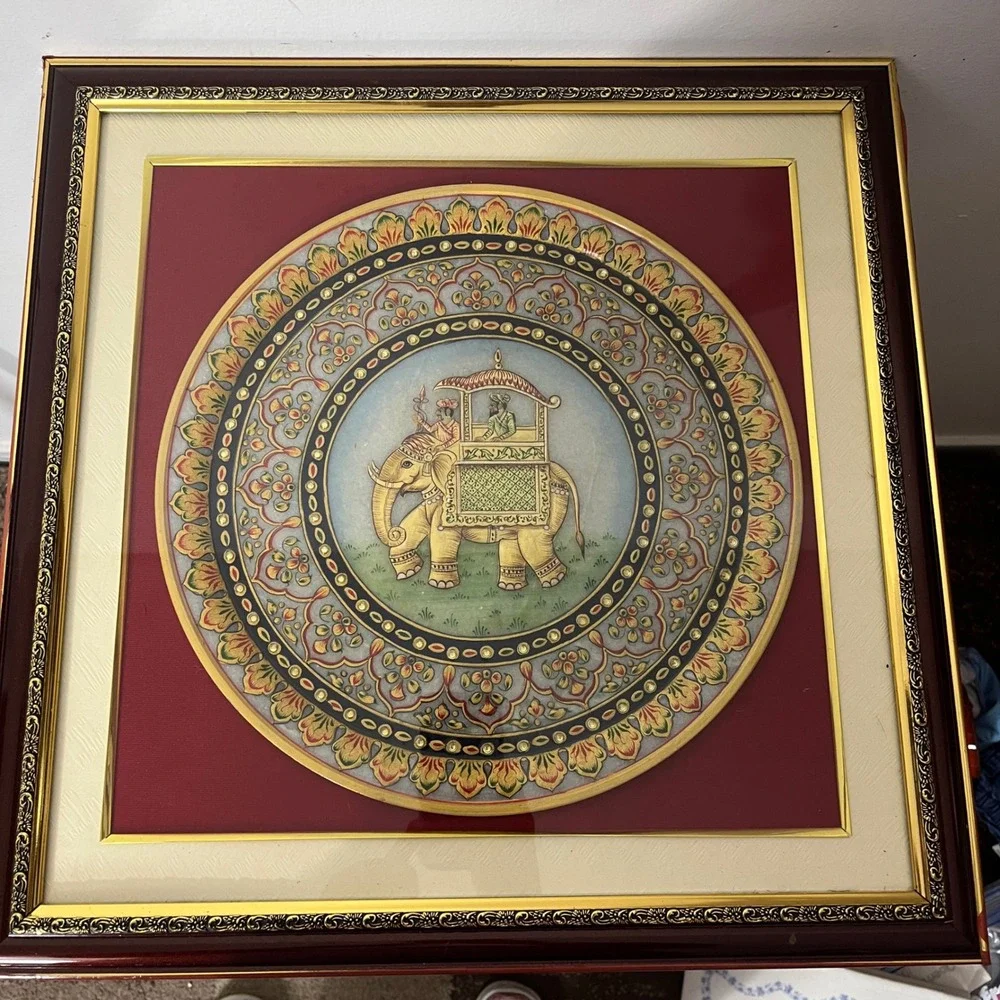 Vintage  Marble Plate Wall Art  17.5in Red Gold Indian Elephant Decor
